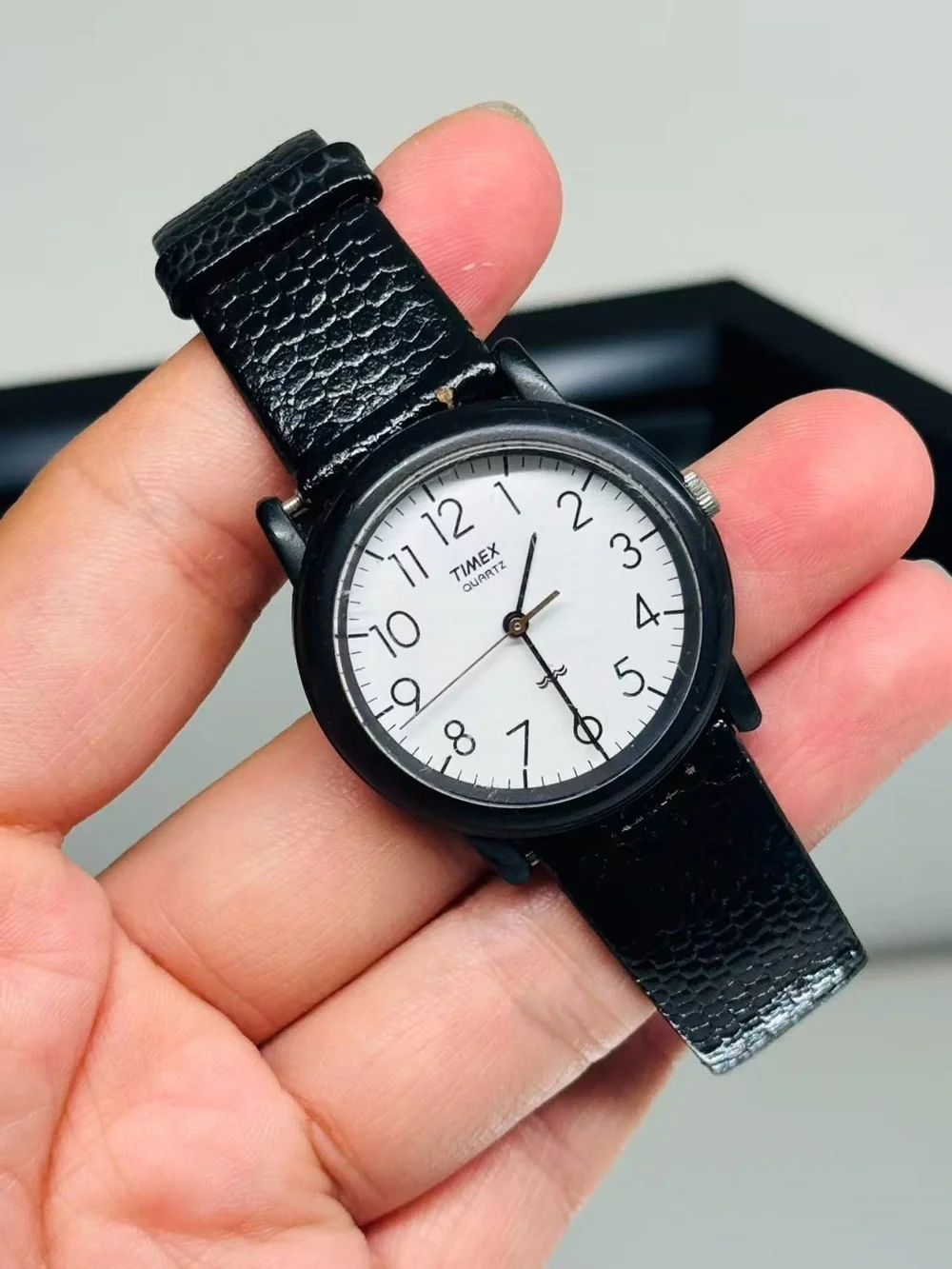 Vintage Timex Quartz Black Case White Dial Men Watch 32mm New Battery Running